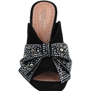 Twinset Black Italian leather open toe high heel slide on mules